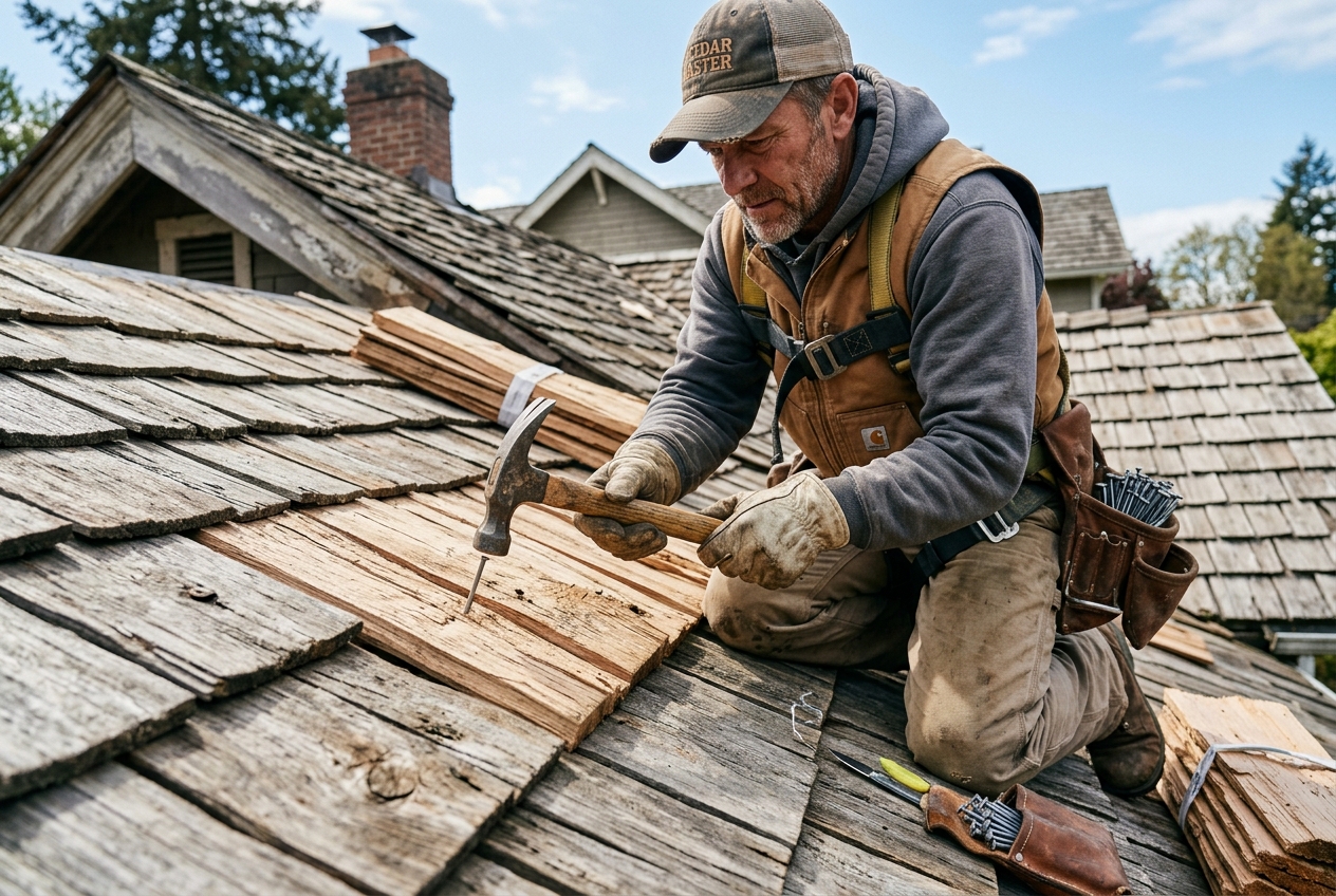 Planet Roofing crew members carefully nailing down fire-treated cedar shakes during a Fort Lauderdale roofing project