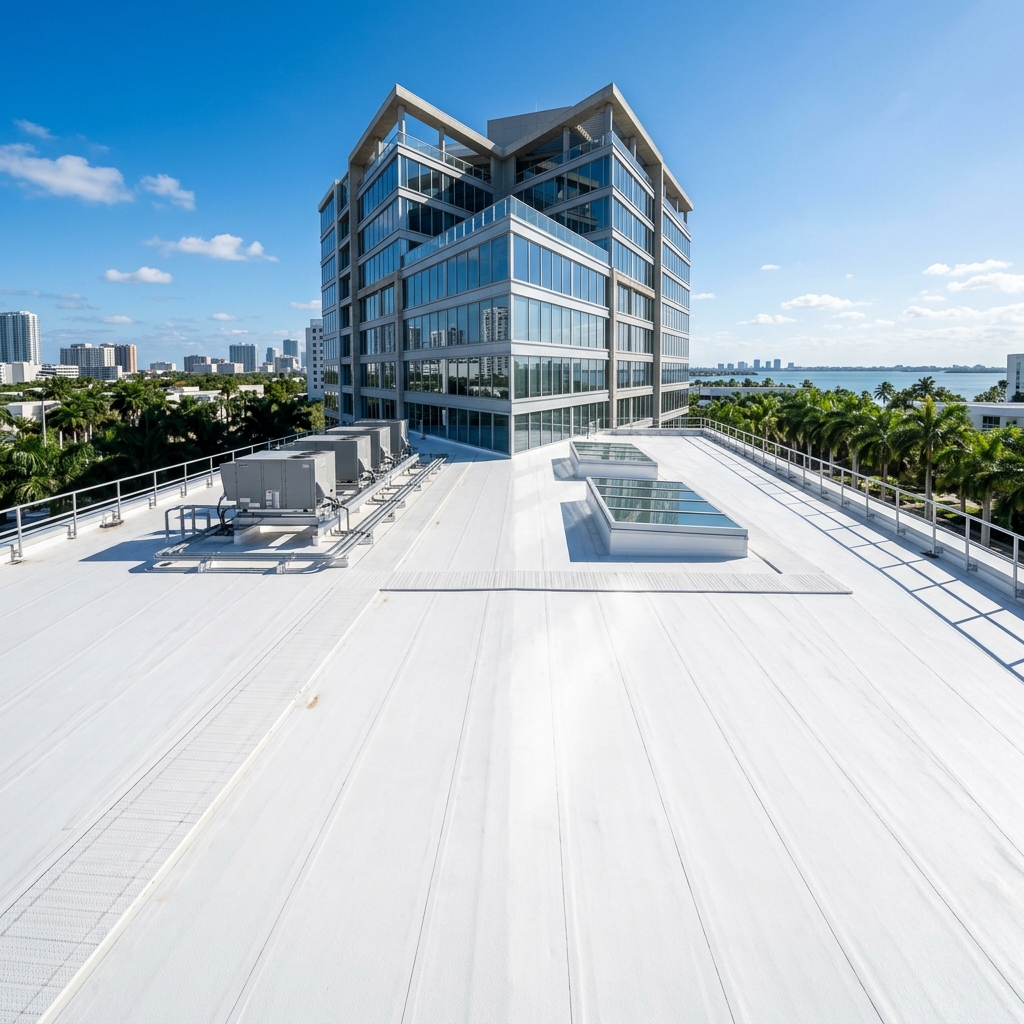 Premium commercial flat TPO roof under bright South Florida sunlight in Fort Lauderdale