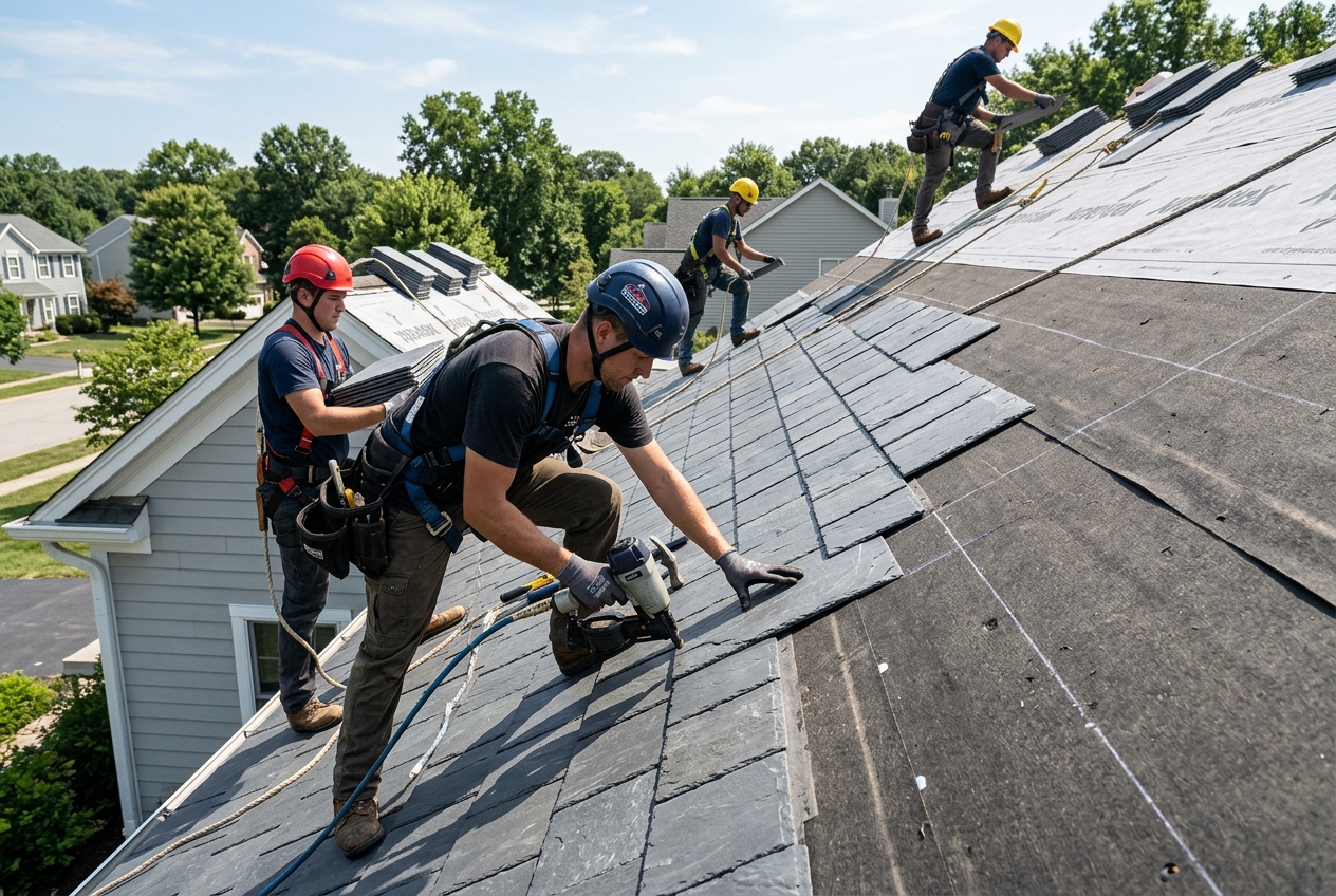 A professional roofing team mid-project installing composite tile roofing on a house in Fort Lauderdale