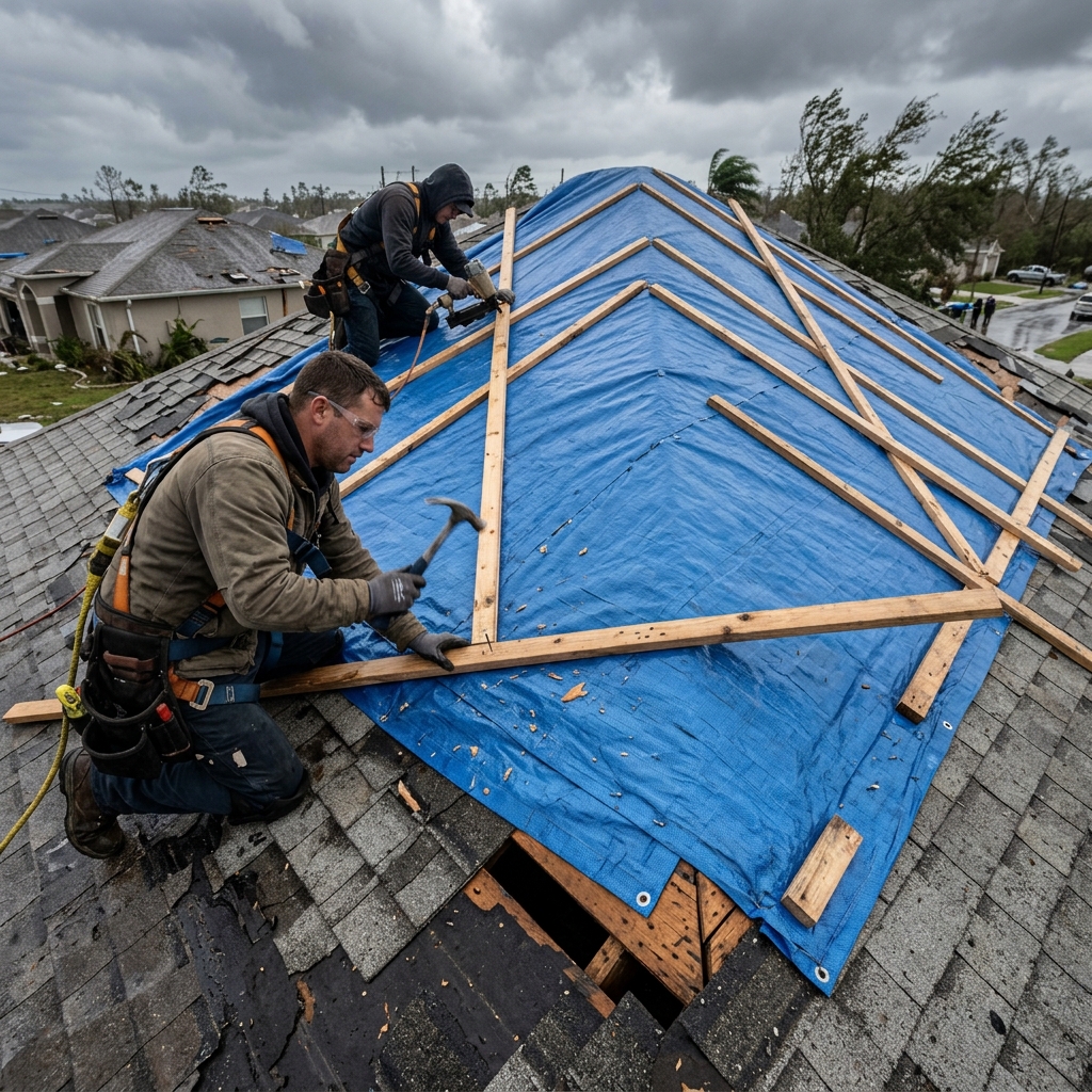 High-durability blue storm tarp professionally secured on a leaking Fort Lauderdale shingle roof