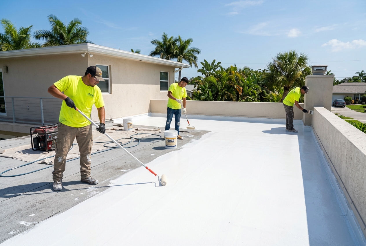Planet Roofing team finishing edge flashings on a residential flat roof patio in Fort Lauderdale FL