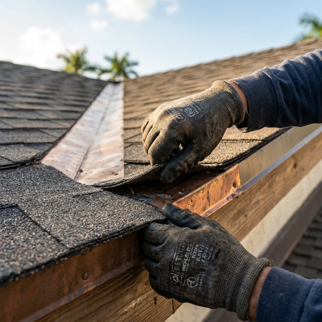 Close-up of Planet Roofing inspector assessing roof flashing detail