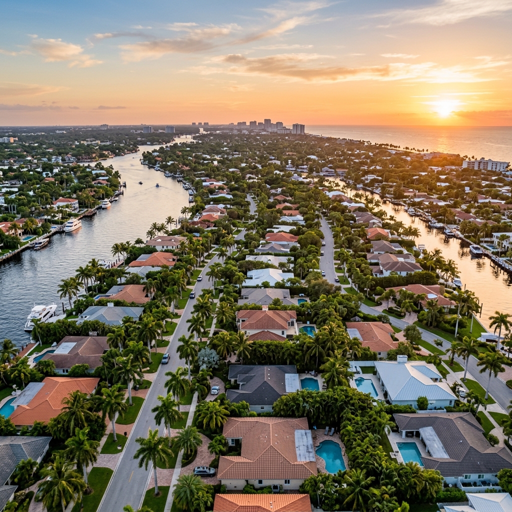 Clean aerial view of residential roofs in Fort Lauderdale, Florida