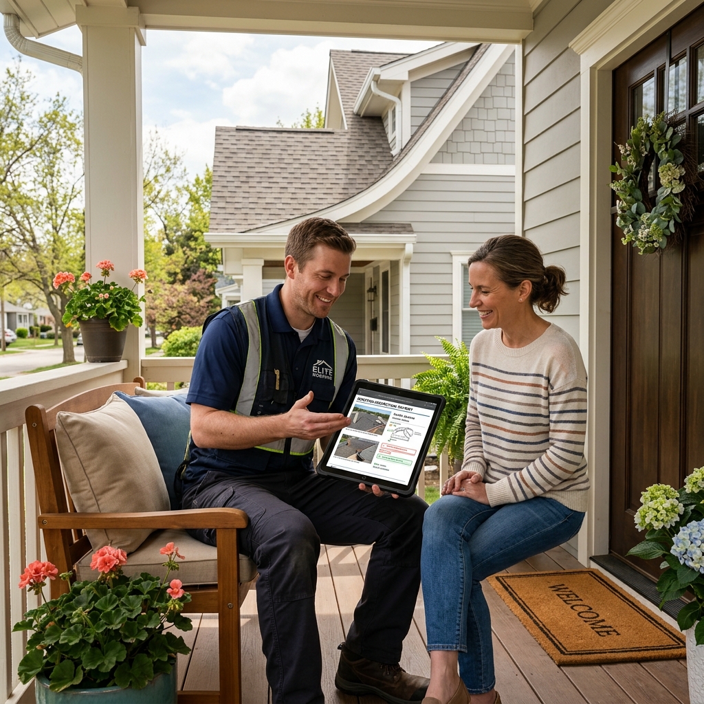 Planet Roofing representative reviewing written report findings on tablet with homeowner