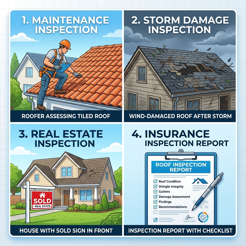 Visual representation of different roofing inspection types by Planet Roofing