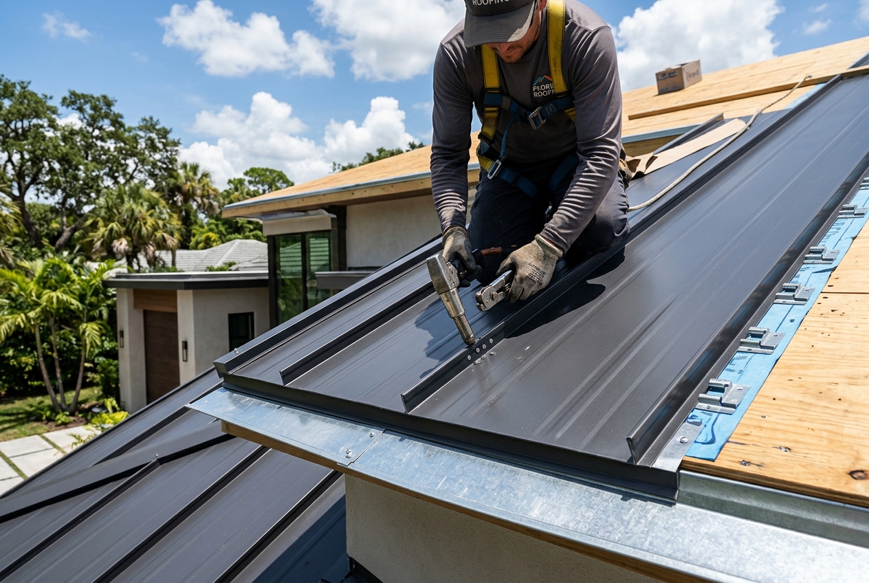Planet Roofing metal crew trimming drip edges on a finished aluminum roof in Fort Lauderdale