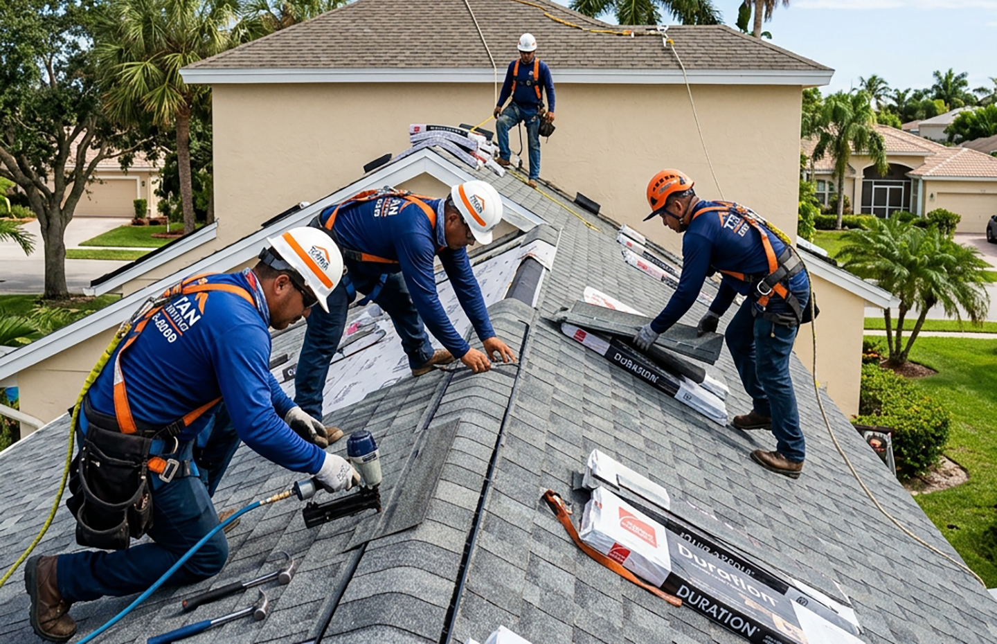 Planet Roofing crew working on a residential roof in Pompano Beach