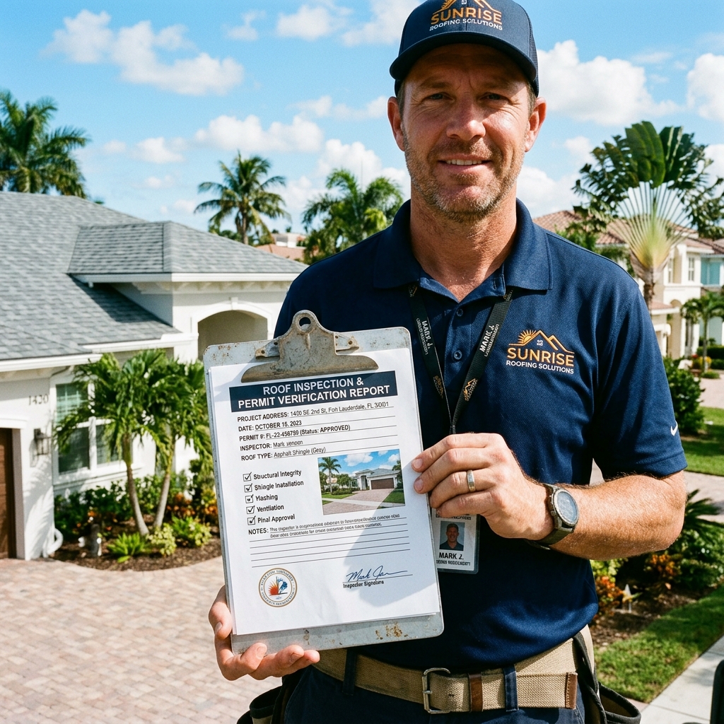 Official roof inspection and permit report clipboard held by a professional contractor