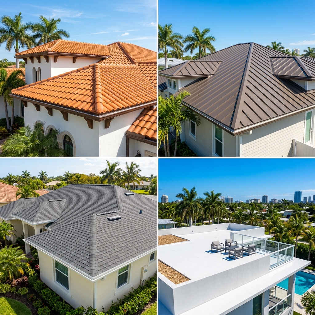 Grid collage displaying clay tile, standing seam metal, asphalt shingle, and flat roof installations