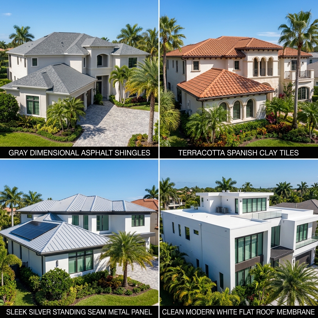 Side-by-side comparison of four residential roof types in Fort Lauderdale