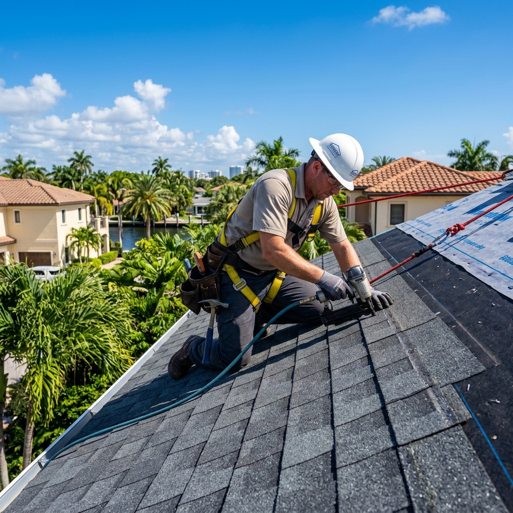 Planet Roofing crew professionally executing a full roof replacement on a Broward County property