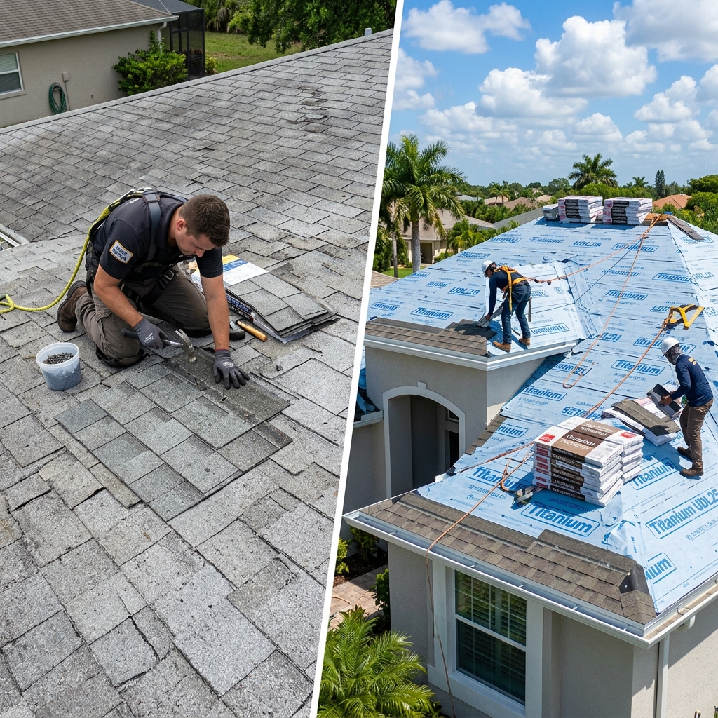 Side by side comparison of residential roof repair vs complete roof replacement