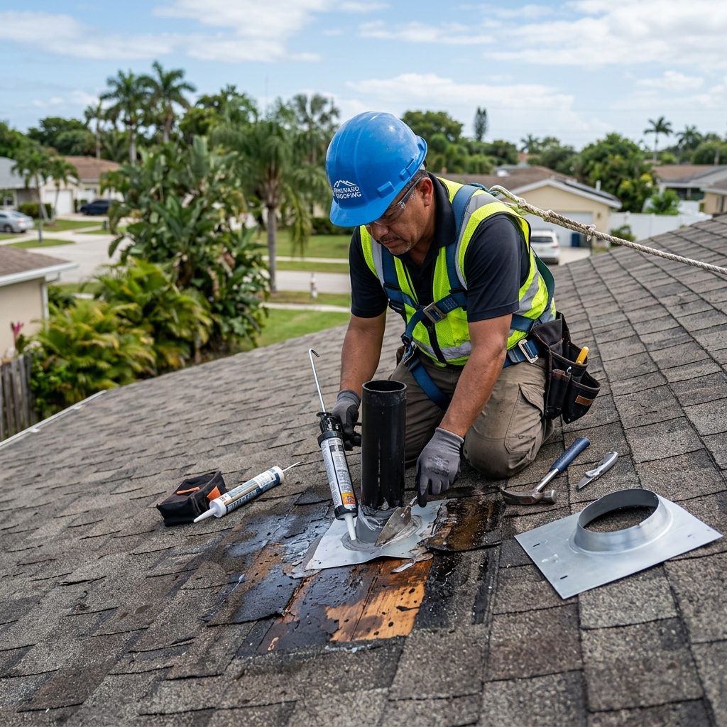 Professional roof leak repair around valley flashing in Broward County