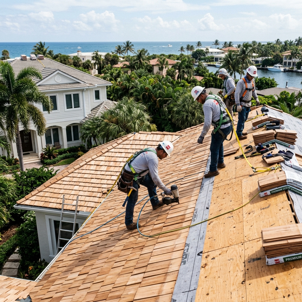 Planet Roofing crew members carefully nailing down fire-treated cedar shakes during a Fort Lauderdale roofing project