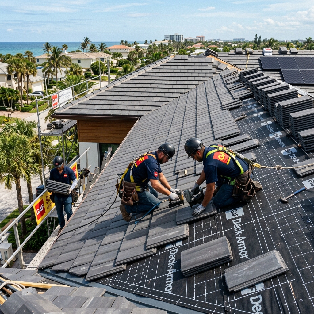 A professional roofing team mid-project installing composite tile roofing on a house in Fort Lauderdale