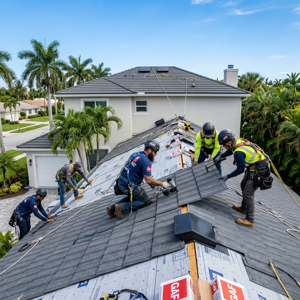 A professional roofing crew installing stone-coated metal roofing panels on a Fort Lauderdale residence