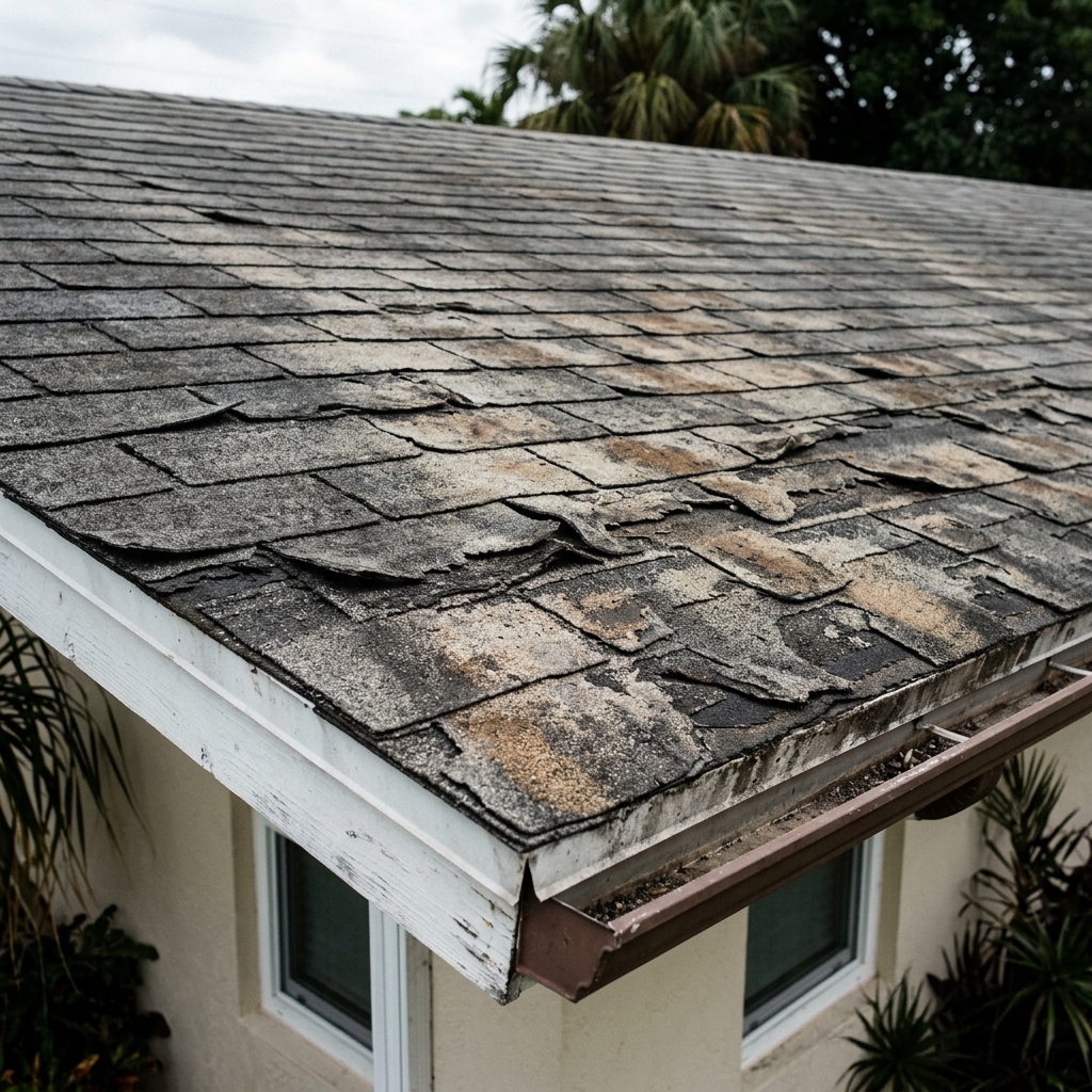 Close-up of aging asphalt shingles showing granule wear
