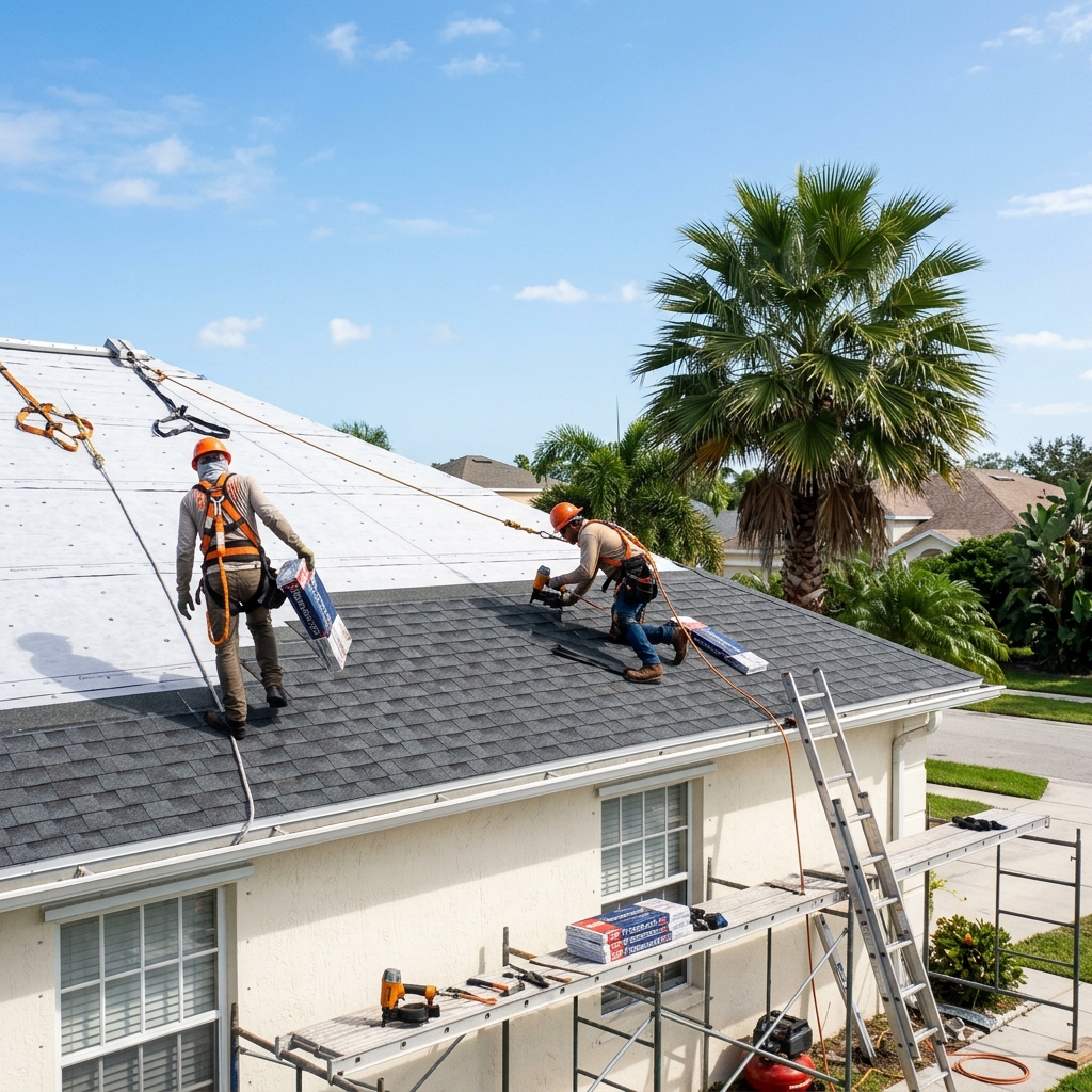 Residential roof mid-installation with half underlayment and half shingles