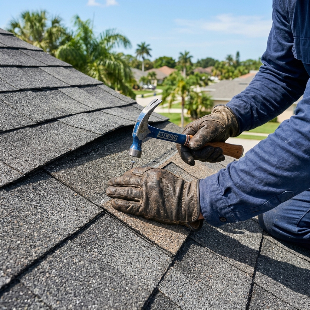 Roofer hands replacing worn architectural shingles