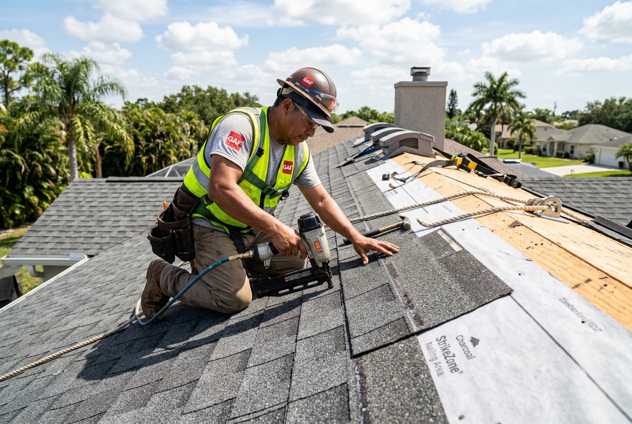 A professional roofer checking shingle alignment during a Fort Lauderdale home roofing project