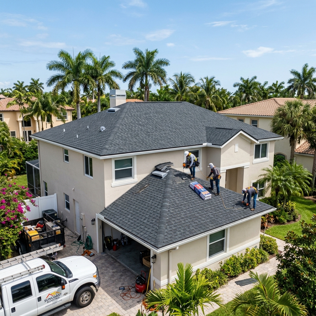 Planet Roofing crew performing permanent shingle repair under Florida Building Code