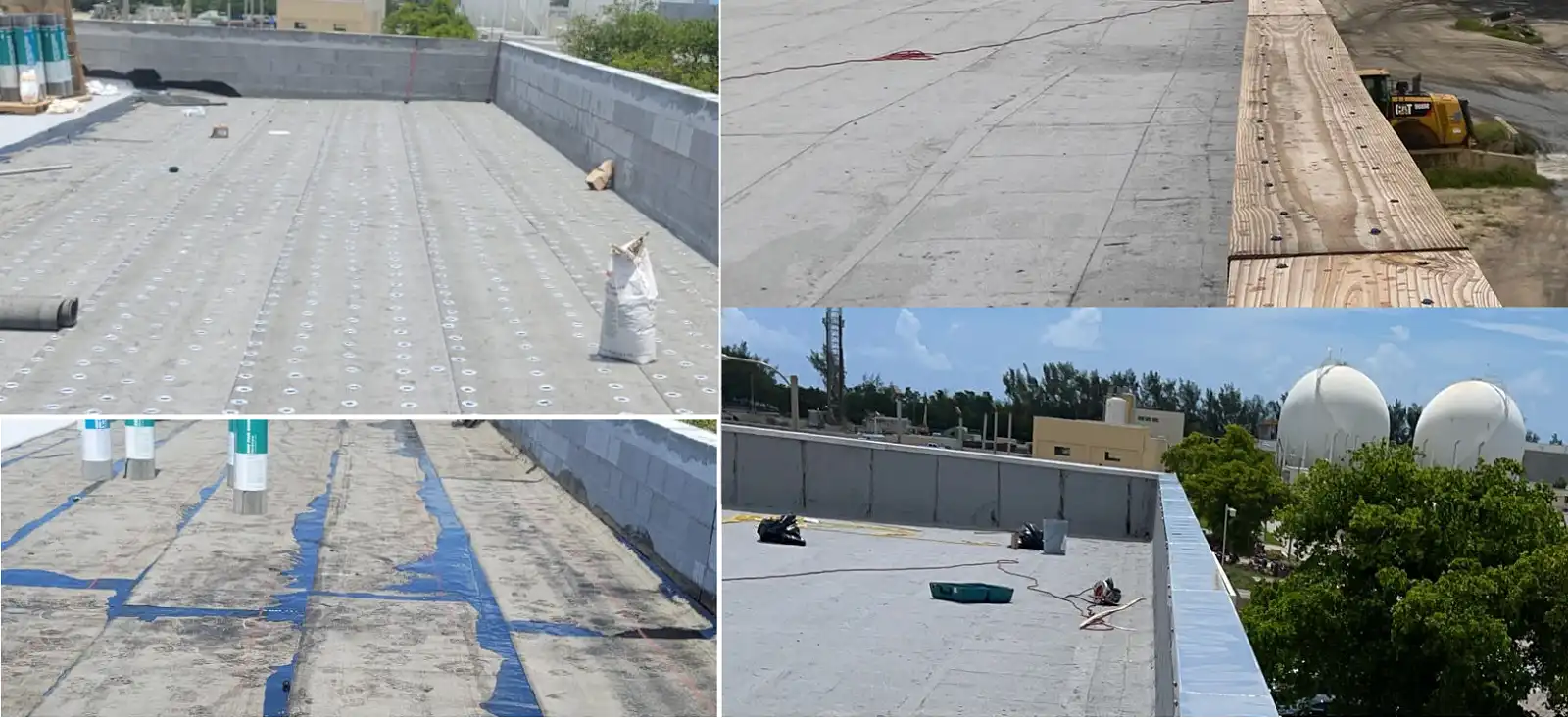 Detail of commercial flat roof recovery membrane layers during installation