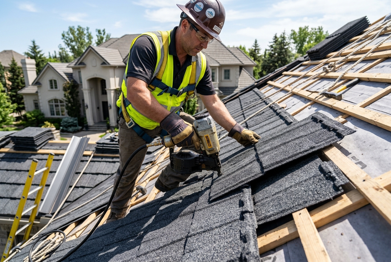 A professional roofing crew installing stone-coated metal roofing panels on a Fort Lauderdale residence