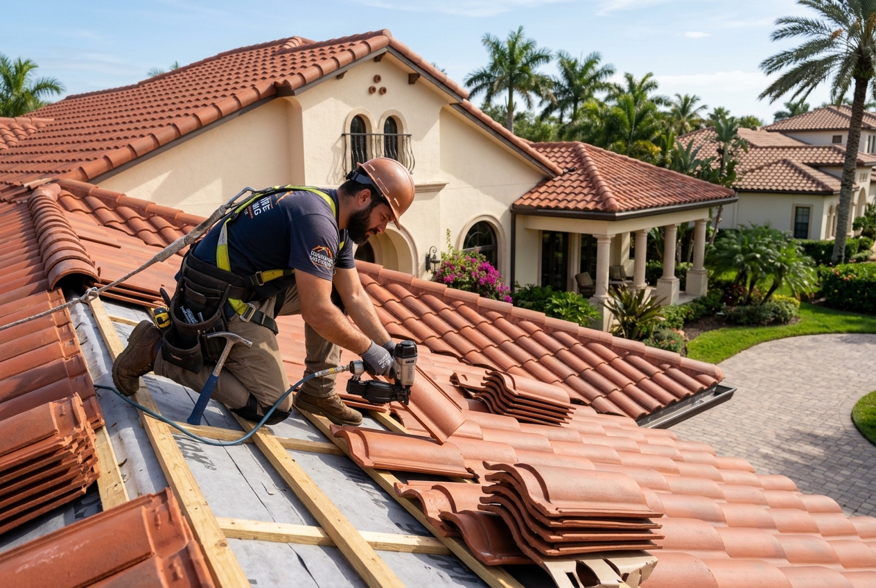 Planet Roofing crew sealing tile valleys and flashing on a new tile roof in Fort Lauderdale FL