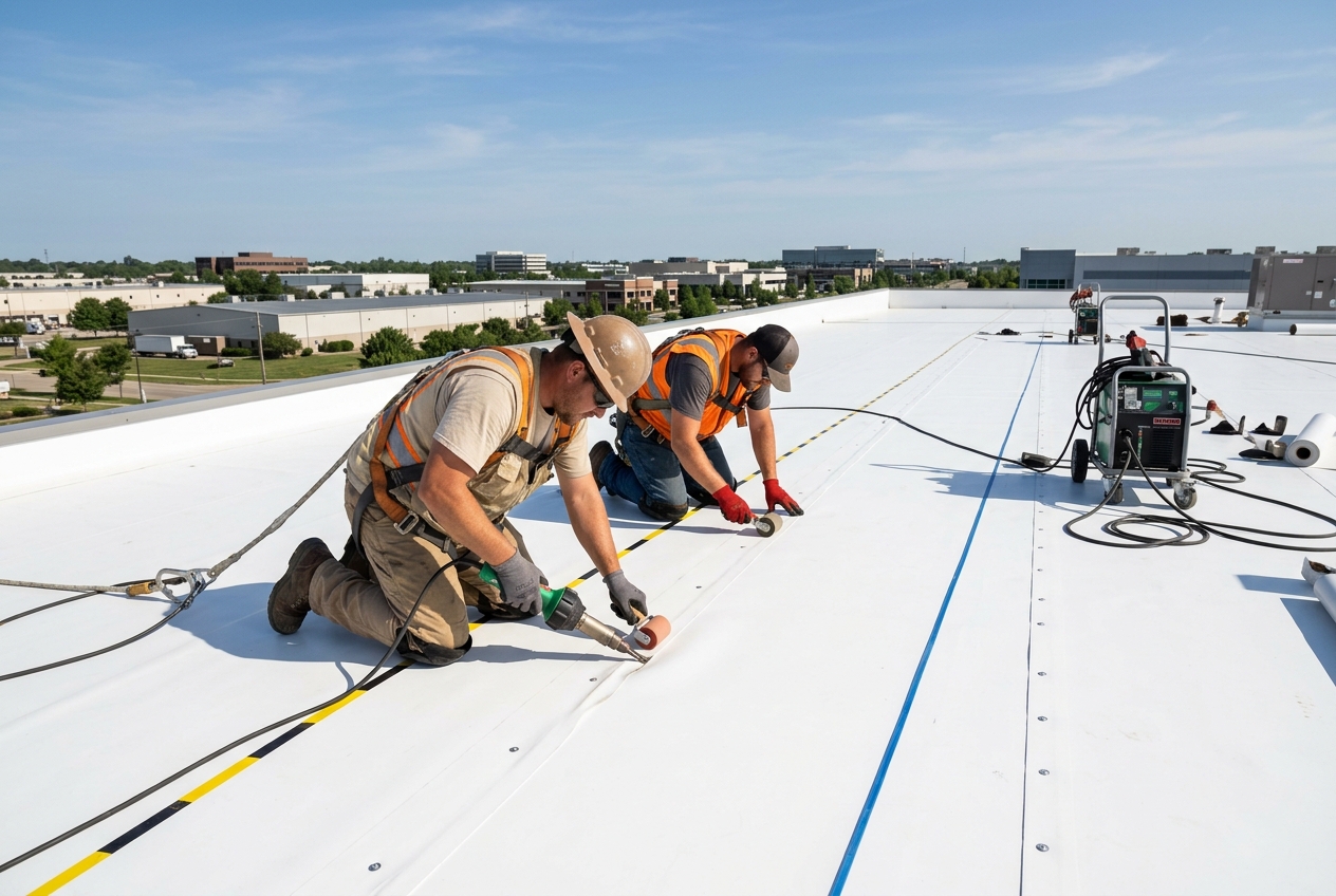 Planet Roofing crew installing flashings and scuppers on a new commercial TPO roof in Fort Lauderdale FL