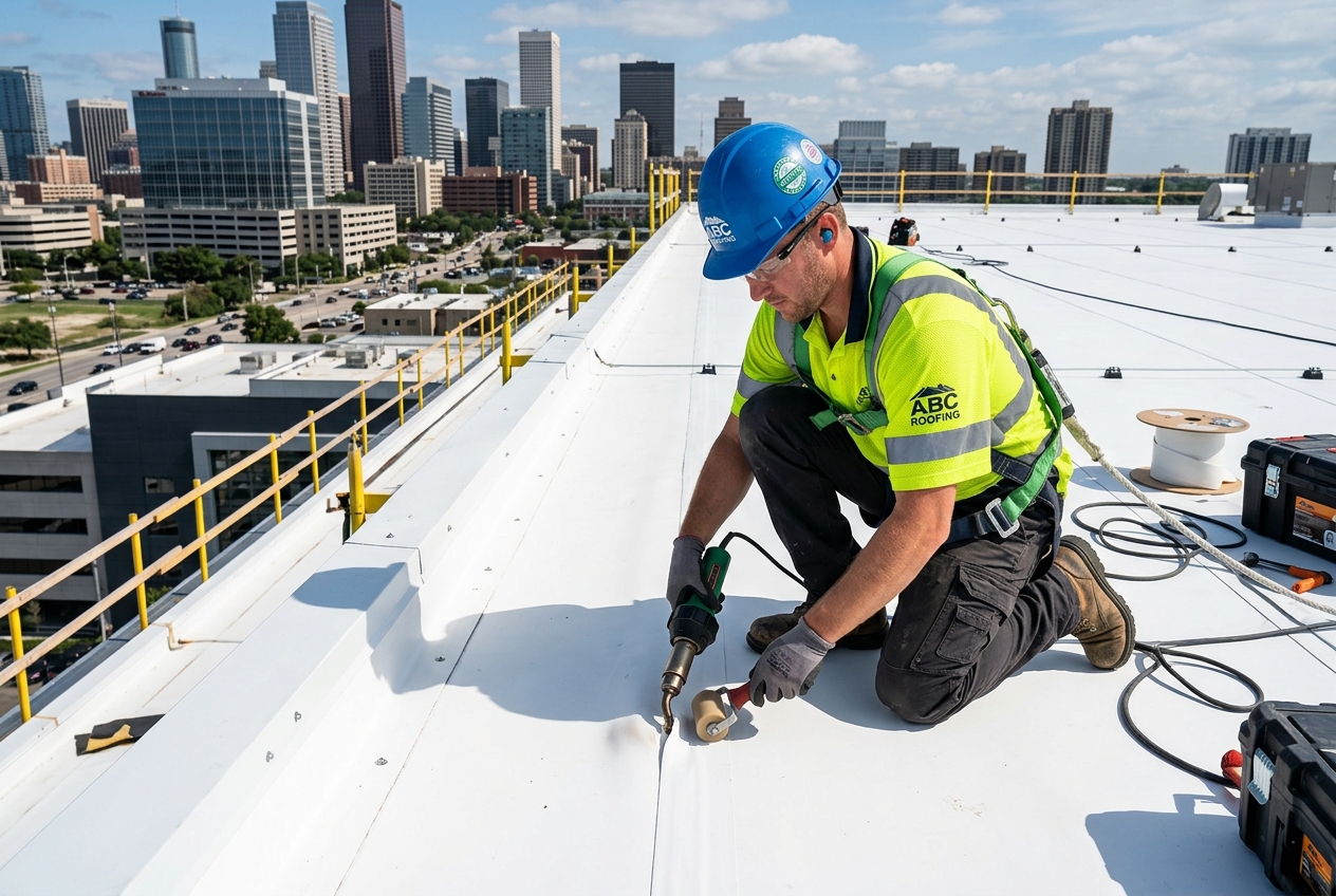 Planet Roofing crew sealing edges and seams on a TPO roof recovery project in Fort Lauderdale