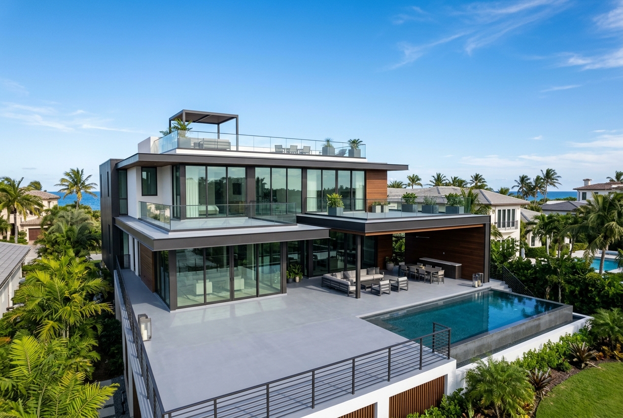 Completed waterproofed patio deck featuring a seamless gray coating on a Fort Lauderdale residential property