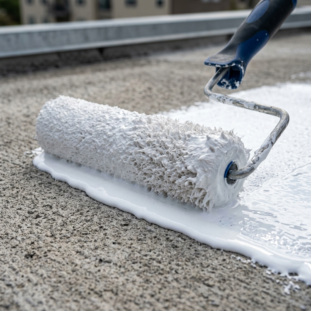 Liquid-applied high-solids white silicone coating rolled onto a flat concrete patio deck