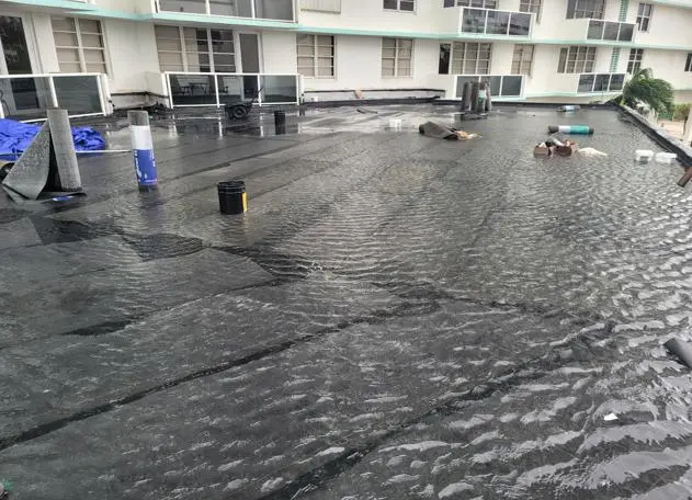 Water ponding on a flat roof, indicating drainage issues.