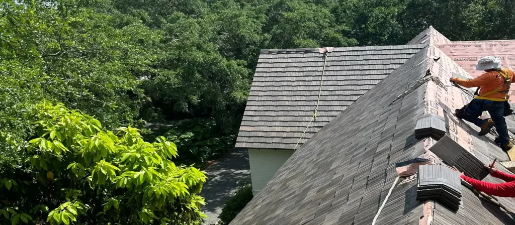 Hand-split cedar shake roof showing natural grain and texture