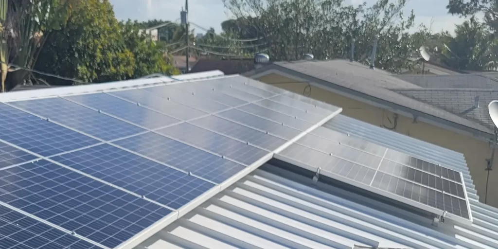 Solar panels mounted on energy-efficient metal roof
